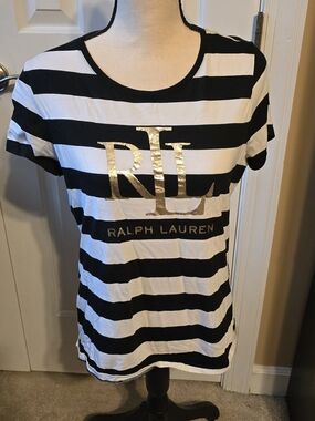 Ralph Lauren Black & White Striped Logo Tee with Gold Accent